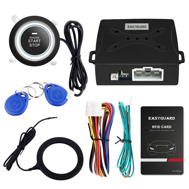 EasyGuard Smart Key RFID-autoalarm nutika käivitusnupu ja puutetundliku võtmeta käivitussüsteemiga