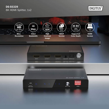 DIGITUS DS-55339 HDMI jaotur 1x2 – sisend: 1 port/väljund: 2 porti – UHD 8K/60 Hz HDTV: 7680 × 4320p – HDCP 2.3 ja HDMI 2.1 – HDR, Deep Color, EDID-lüliti – Toslink, Stereo (3,5 mm)
