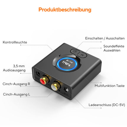 1Mii Bluetooth 5.0 vastuvõtja, Bluetooth-audioadapter muusika voogedastussüsteemi jaoks, traadita audioadapter 3,5 mm RCA-ga kõlarite ja stereosüsteemi jaoks, bassirežiim, 12 tundi mänguaega