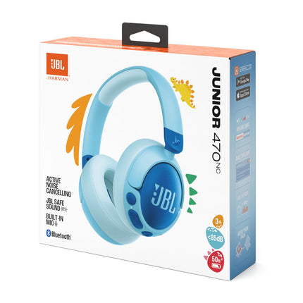 JBL Junior 470 NC, juhtmevabad kõrvapealsed Bluetooth-kõrvaklapid aktiivse mürasummutusega lastele, mikrofon, 50 tundi mänguaega, JBL Safe Sound, madal helitugevus, lihtne kasutada ja kleebistega, sinine