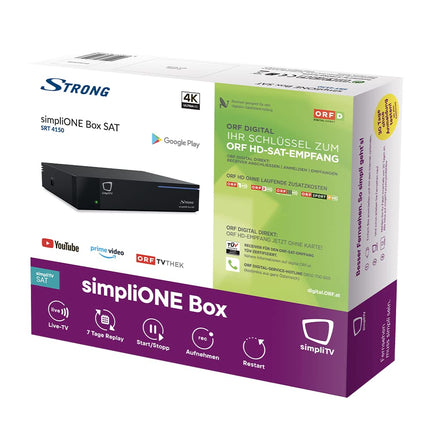 STRONG SRT-4150 simpliONE satelliitvastuvõtja ja Androidi voogedastusboks (4k UHD, Android TV, salvestamine/taaskäivitamine/kordus, otseülekanne, Google Play pood) must