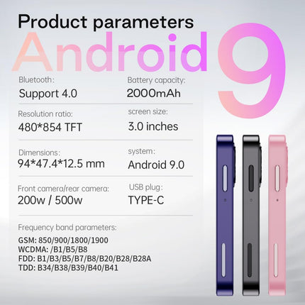 ZOKOE mini mobiiltelefon lastele 3-tolline ekraan 2000 mAh 3 GB RAM 64 GB ROM 2.0 + 5.0 MP näotuvastus 4G lepinguta telefon (roosa, 3 GB + 64 GB)