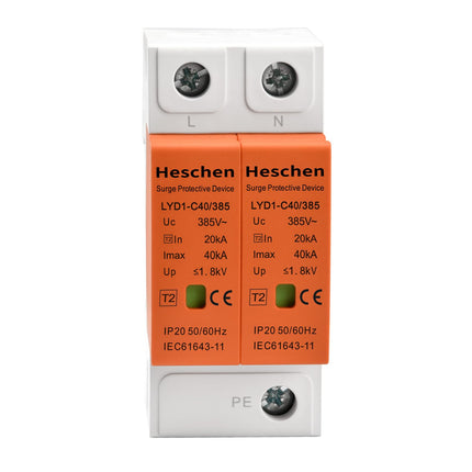 Hescheni ülepingekaitseseade, LYD1-C40/385, 2P 385V 20KA, tulekindel, madalpingekaitsega, 35 mm DIN-rööpale kinnitatav