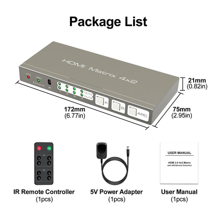 HDMI maatrikslüliti 4 sisendi ja 2 väljundiga 4K60Hz jaotur optilise ja 3,5 mm AUX-heli väljundiga, toetab EDID HDCP2.2 18G HDR10 ARC