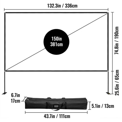 VEVOR projektsiooniekraan alusega 381 cm (150") kaasaskantav filmiekraan 16:9 välistingimustes kasutamiseks mõeldud siseprojektori ekraan 347 x 201,9 cm mobiilne projektoriekraan 160° vaatenurk sobib kodukino ja telkimise jaoks