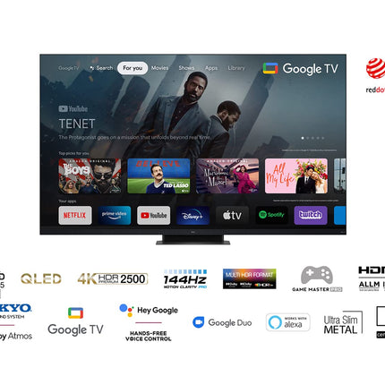 TCL 75C935 75-tolline 189 cm QLED Mini-LED-teler, 4K UHD, Google TV, HDR Extreme, 2500 niti, 144 Hz VRR, 120 Hz liikumise selgus, Dolby Vision ja Atmos, 2.1.2 ONKYO heliriba, hääljuhtimine