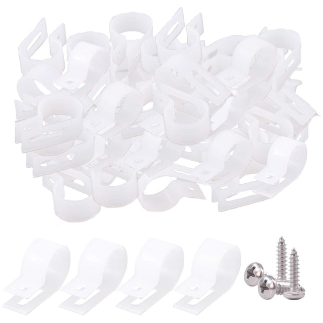 Glarks 120 Pieces 3/4 Inch White Nylon Screw Fastener R-Type Cable Clamp with 120 Pieces Screws for Wire, Cable, Pipe and Cable Conduit Set (White)