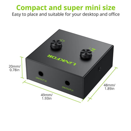 LLiNKFOR 3,5 mm stereo helilüliti, 2(1) sisendit ja 1(2) väljundit koos 3,5 mm helikaabliga, helivaliku lüliti ja helijaotur kõrvaklappidele