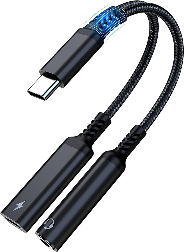 USB C - 3,5 mm kõrvaklappide ja laadija adapter, 2-ühes USB C PD laadimisport Aux Audio pesa ja kiirlaadimiskaabel, ühildub telefonidega 15 Pro Max, Samsung Galaxy S24 S23 S22 S21 S20