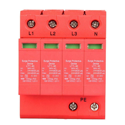 Tugevdatud 4P 40/80KA 385V majapidamispingekaitse, leegiaeglustav ümbris, 20A madalpingepiirik, DIN-rööpale kinnitatav elektrooniline piksekaitse (4P40KA)