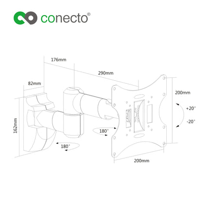 Conecto seinakinnitus monitoridele ja teleritele kuni 42 tolli, pöörlev (+/-90°), kallutatav (+/-20°), VESA 50x50, 75x75, 100x100, 200x100, 200x200, max. 30 kg kandevõime, valge, SA-CC50252-V2