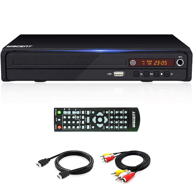 WISCENT HD DVD-mängija telerile HDMI/AV/koaksiaalväljundiga (HDMI-kaabel kaasas), USB 2.0 meediapleier, kõik regioonivabad, kompaktne DVD/CD-mängija (mitte Blu-ray)
