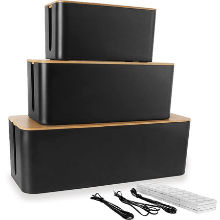 ASelected set of 3 cable boxes black, large cable organizer box with wooden lid for cables, large and small cable management box adapters, power strips, cable hiding box