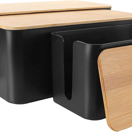 ASelected set of 3 cable boxes black, large cable organizer box with wooden lid for cables, large and small cable management box adapters, power strips, cable hiding box