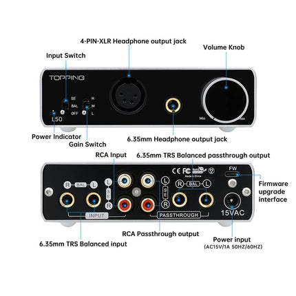 Topping L50 HiFi kõrvaklapivõimendi NFCA SE/BAL sisendiga kodukino võimendi minivõimendi võimenduse lülitiga 2-kanaliline võimendi (hõbedane)