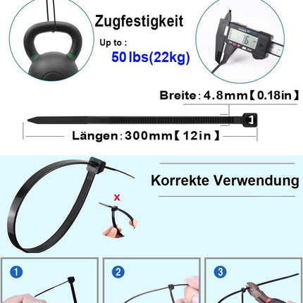 500 Pack Black 12in Cable Ties, 300mm x 4.8mm Nylon Ties, Cable Ties Tensile Strength with 22 kg, UV Resistant Cable Ties Zip, Self-Locking Industrial Cable Ties for Cable Management