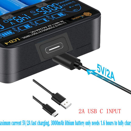 WISSBLUE LCD-4 18650 battery charger 2A Fast Power Battery Charger, LCD Display with Power Bank Function for 3.7V 14500 16340 18650 20700 21700 26650 1.2V AAAA AA A