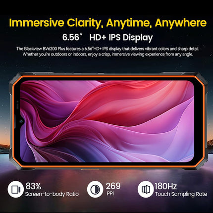 Blackview BV6200 Plus lepinguta õuetelefon 2025, 24GB + 256GB/2TB õuenutitelefon Android 14, 6,56" ekraan, 98db 3W kõlar, 11000mAh, IP68 veekindel ehitusplatsi telefon, kahekordne 4G, must