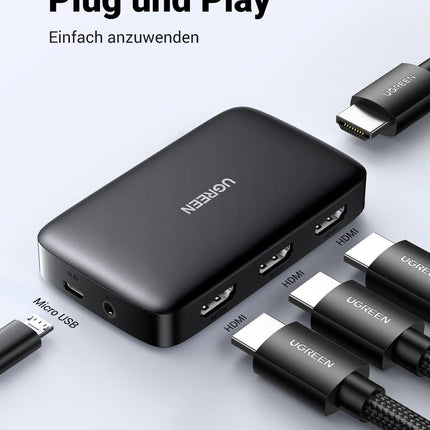 UGREEN HDMI 1.4 lüliti 4K 3 sisse 1 väljundiga HDMI jaotur HDMI jaotur kaugjuhtimispult HDMI lüliti toetab 4K, 3D ja HDR-i teleripulga, teleri, arvuti, mängukonsooli, lüliti, PS5/4, Xboxi ja Blu-Ray mängija jaoks.