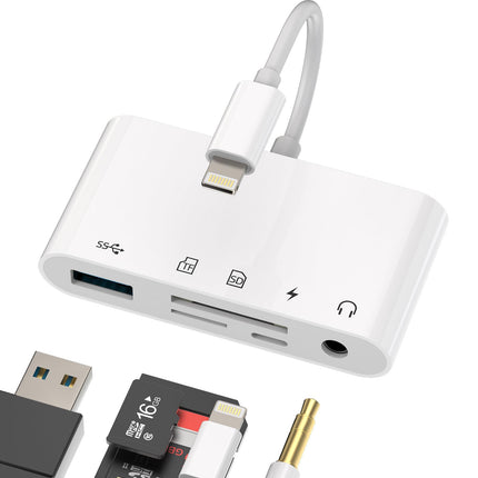 Card reader adapter for iPhone (5 in 1) 3.5mm headphones + TF + SD card reader + USB + Lightning fast charger distributor OTG aux audio Micro SD card reader memory card charging cable accessories for Apple Ipad