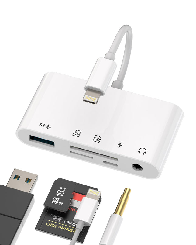 iPhone'i kaardilugeja adapter (5 ühes) 3,5 mm kõrvaklapid + TF + SD-kaardilugeja + USB + välkkiire laadija jaotur OTG aux audio Micro SD-kaardilugeja mälukaardi laadimiskaabel Apple iPadi lisatarvikud