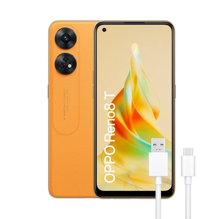 OPPO Reno8T - tasuta mobiiltelefon, 8 GB + 128 GB, 100 MP + 2 MP kaamera, mikroskoobiga kaamera, Android nutitelefon, 5000 mAh aku, 33 W kiirlaadimine, kahekordne nano-SIM, oranž