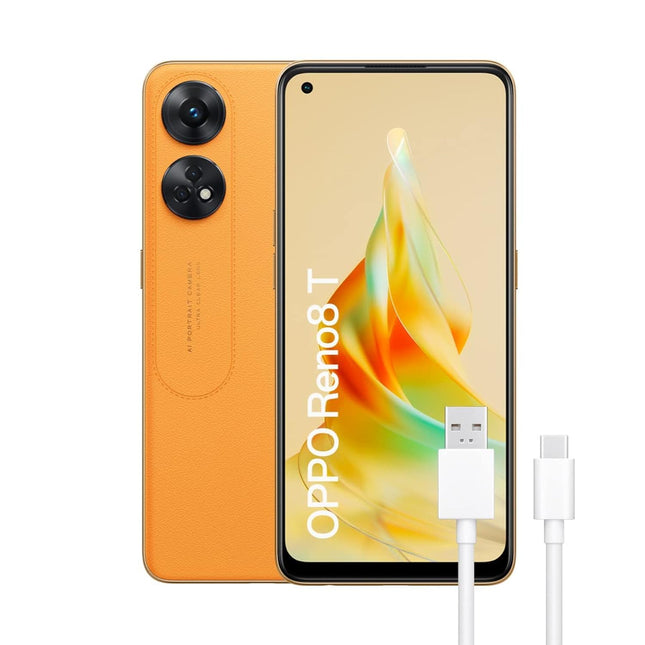OPPO Reno8T - tasuta mobiiltelefon, 8 GB + 128 GB, 100 MP + 2 MP kaamera, mikroskoobiga kaamera, Android nutitelefon, 5000 mAh aku, 33 W kiirlaadimine, kahekordne nano-SIM, oranž