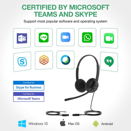 Yealinki telefonipeakomplektid kontoritelefonidele YHS34 Lite QD - RJ9 juhtmega peakomplekt, ühildub Poly Avaya Snom Grand Stream telefonidega, lauatelefoni peakomplekt mikrofoniga - kahekordne/111g/2.1m kaabel