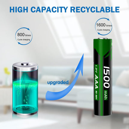 [1500mAh] AAA Rechargeable Battery, 1.2V Upgraded NI-MH Long-Lasting High-Capacity AAA Batteries for Cameras, Toys, Remote Controls and Household Appliances, etc.-8 Pack