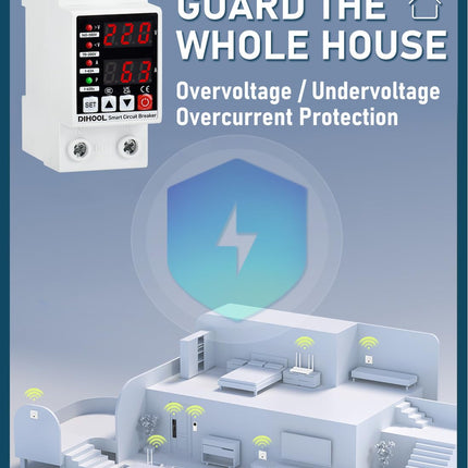 DIHOOL Surge Protector DIN Rail and Undervoltage Protector AC 230V 1-63A Adjustable Current Overload Protection 8.8 KVA Voltage Protection