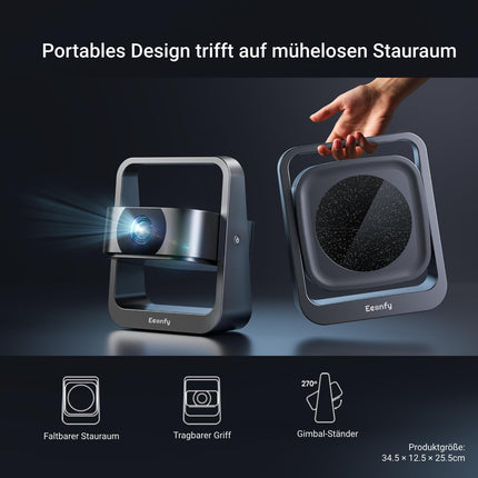 [Rakendusega integreeritud] Eeenfy nutiprojektor kaasaskantav, kodukino projektor 20 000 luksiga, 1080P tugi, E-fookus/Keystone'i korrektsioon, WiFi Bluetooth-projektor, väike välistingimustes kasutatav projektor mobiiltelefonile, värskendus 2025, must