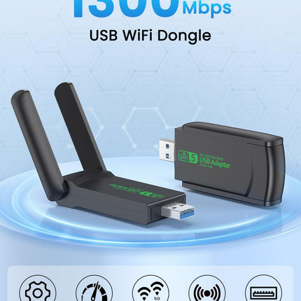 WLAN-pulk, 1300 Mbps WLAN-adapter kahe sagedusribaga 2,4 GHz/5 GHz USB WLAN-pulk arvutile/sülearvutile/lauaarvutile, suure võimendusega USB 3.0 WLAN-adapter kahe antenniga, toetab Windows 11/10/8.1/8/7/Vista/XP