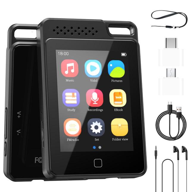 BOOTEEK MP3-mängija, sisseehitatud 64 GB ja 2,4-tollise puutetundliku ekraaniga, kaasaskantav muusikapleier Bluetooth 5.0 HiFi MP3-mängijaga, kõlariga/e-raamatu/video/FM-raadio/salvestiga, TF-kaart, laiendatav kuni 128 GB-ni