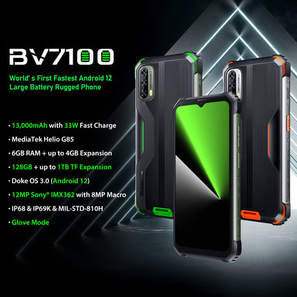 Blackview BV7100 lepinguta õues kasutatav nutitelefon, 13000mAh aku, 33W kiirlaadimine, IP68/IP69K vastupidav telefon, Android 12 Helio G85 6GB+128GB, 6,58'' FHD+ ekraan, 12MP kolmekordne kaamera, GPS, NFC, must