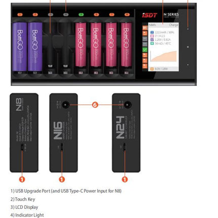 ISDT N8 8 pesaga kiirlaadija, 18W nutika LCD-värvilise ekraaniga laadija, AA/AAA laadija laadimistsükli, tühjenemise ja analüüsiga, laadija Li-Ion LiHv NI-MH NI-Cd LiFePO4 taaskasutatavate akude jaoks