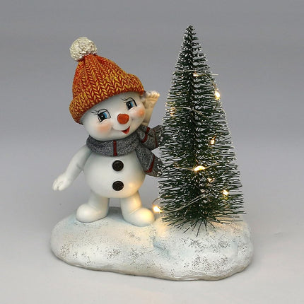 Dekohelden24 Lumelaps - oranži ja halli mütsi ja salliga lumememm, valgustatud LED-jõulupuuga, P/L/K 12 x 7,5 x 14 cm.
