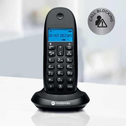 Motorola C1001CB+ – digitaalne DECT juhtmeta telefon – kõnede blokeerimise režiim, helistaja ID, valjuhääldi, 50 numbrit mahutav telefoniraamat, taustvalgustusega ekraan – must