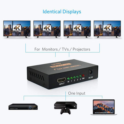 VKBAND HDMI Splitter 1 to 4 Output V1.4-powered 1x4-port box supports full Ultra HD 1080P 4K 60hz/ 2K and 3D resolutions (1 input to 4 outputs)