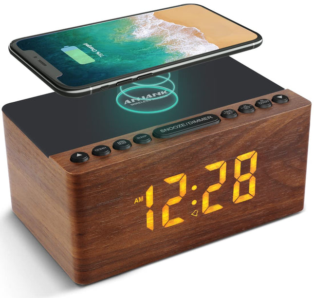 ANJANK digitaalne puidust raadioäratuskell juhtmevaba laadimisjaamaga, 10W kiire juhtmevaba laadija iPhone'ile/Samsung Galaxy'le, LED-ekraan 5-tasemelise dimmeriga, USB-laadimisport, kellraadio, kingitused meestele