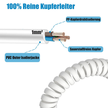 Schuko pikenduskaabel, 2 m kaitsekontaktiga spiraalpikenduskaabel, 0,6 m kuni 2 m max, spiraalkaabel 3G x 1,0 mm², IP20 PVC pikenduskaabel (230 V/16 A) Schuko pistiku ja ühendusega, valge