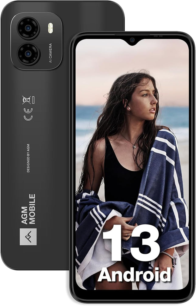 AGM üliõhuke lepinguta nutitelefon, Android 13 mobiiltelefon, 16(8+8) GB + 128 GB (TF 256GB), 50 MP kaamera + 2 MP mikrokaamera, 6,52" HD+, 4900 mAh aku, 4G kahe SIM-kaardiga mobiiltelefon, tumehall