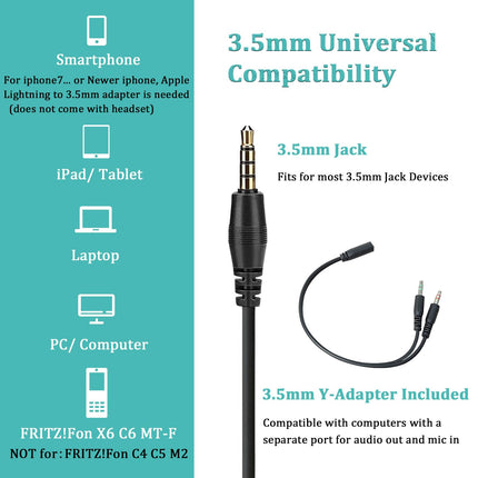 3,5 mm pesaga peakomplekt mobiiltelefonile mikrofoni mürasummutuse ja helitugevuse reguleerimisega, kõrvaklapid arvutile FritzFon C6 X6 iPhone'i, Samsungi, iPadi, sülearvuti, kodukino, Zoomi meeskonnad, ülimugavad