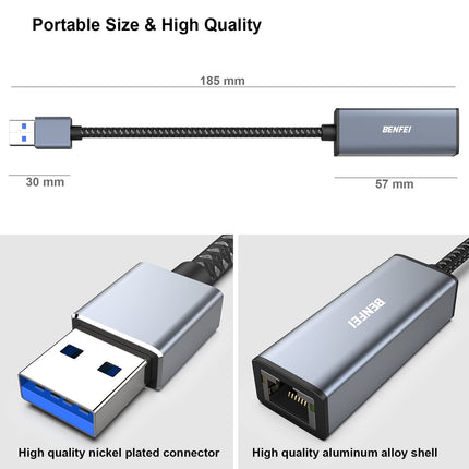 BENFEI USB Etherneti adapter 1000Mbps, 2 pakki USB-RJ45 gigabitise Etherneti LAN-võrguadapterit, mis ühildub MacBook Surface Pro sülearvutiga, millel on Windows 11/10/8.1/8/7/XP/Vista ja Mac OS