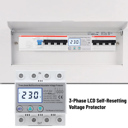 Pingekaitse, 230V/400V AC reguleeritav pingekaitse STVP-932 3-faasiline LCD multifunktsionaalne iselähtestuv ülepingekaitse (50A)