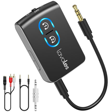 Lavales Bluetooth 5.3 Transmitter Receiver, Wireless 2-in-1 Audio Adapter Bluetooth Splitter for 2 Headphones, AptX-LL 3.5 mm Jack for TV/Airplane/Speaker/Gym (Adjustable Volume)