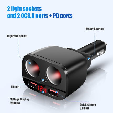 120W USB-C autolaadija sigaretisüütaja jaoturi adapter 2 pistikupesaga kiirlaadimine 12V/24V DC LED-voltmeetriga kahe USB + PD-pordiga mobiiltelefonile, tahvelarvutile, GPS-ile, videoregistraatorile