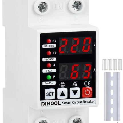 DIHOOL Surge Protector DIN Rail and Undervoltage Protector AC 230V 1-63A Adjustable Current Overload Protection 8.8 KVA Voltage Protection