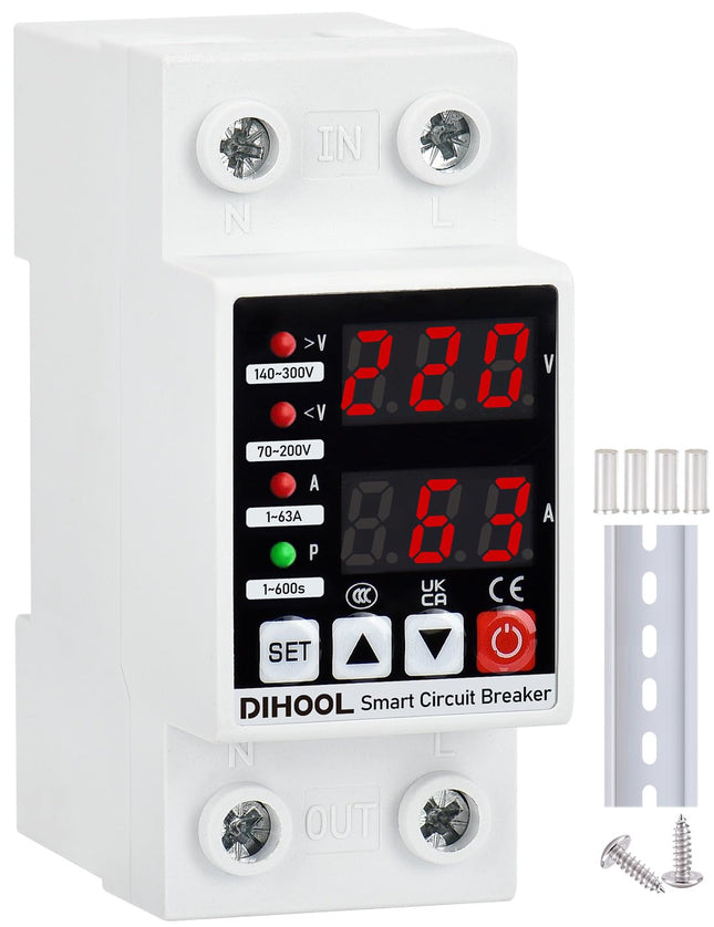DIHOOL Surge Protector DIN Rail and Undervoltage Protector AC 230V 1-63A Adjustable Current Overload Protection 8.8 KVA Voltage Protection