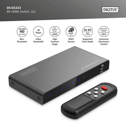 DIGITUS DS-55333 HDMI-lüliti 3x1 – 3 sisendit, 1 väljund – UHD 8K/60 Hz HDTV: 7680 × 4320p – HDCP 2.3 ja HDMI 2.1 – HDR, CEC, Deep Color, DTS, Dolby Digital, LPCM – teleri, monitori, PS5, PS4, Xboxi jaoks