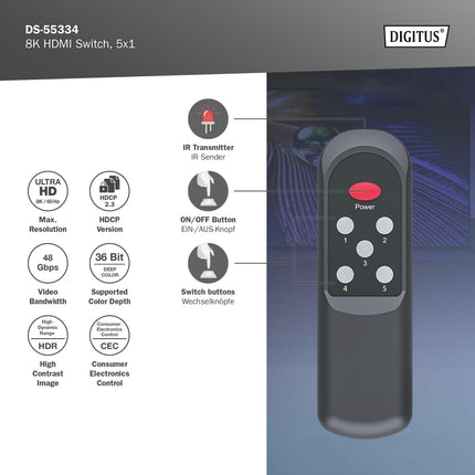 DIGITUS DS-55334 HDMI-lüliti 5x1 – 5 sisendit, 1 väljund – UHD 8K/60 Hz HDTV: 7680 × 4320p – HDCP 2.3 ja HDMI 2.1 – HDR, CEC, Deep Color, DTS, Dolby Digital, LPCM – teleri, monitori, PS5, PS4, Xboxi jaoks